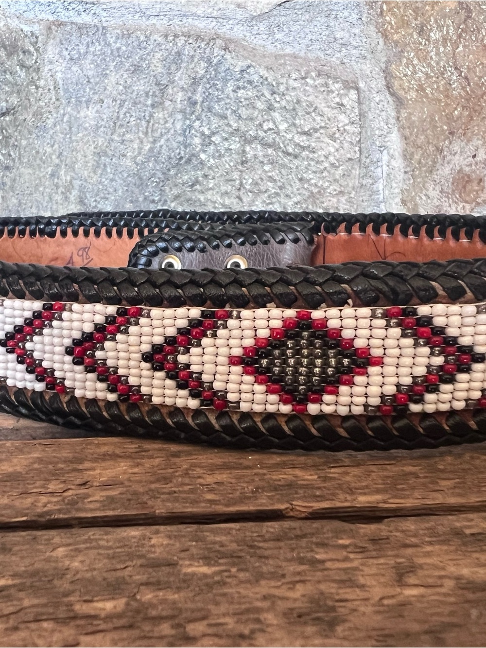 Western Beaded Diamond Pattern Leather Belt - Black, White & Red